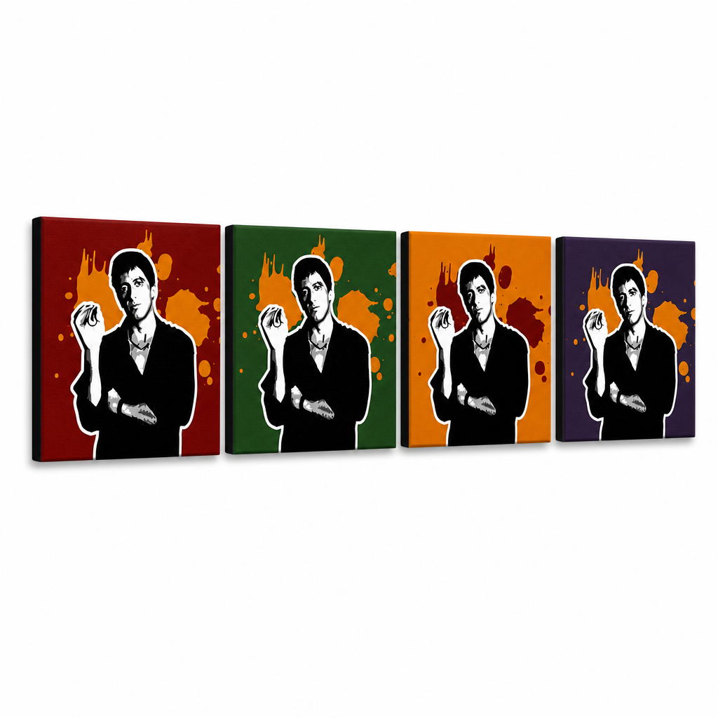 Čtyři ručně malované obrazy na plátně s motivem Al Pacina jako Tonyho Montany v pop-art stylu na barevném pozadí, každý s viditelným dřevěným rámem, Papilora.