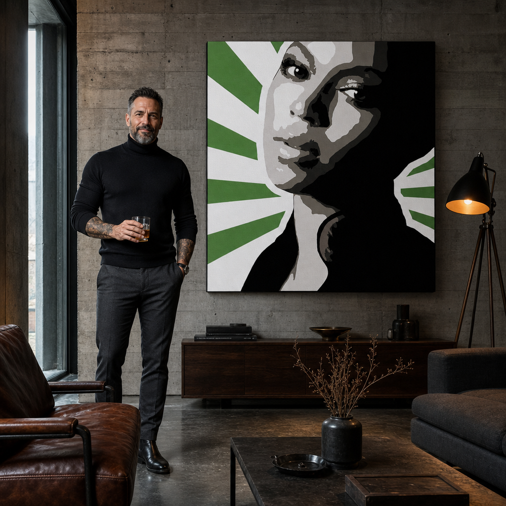Obraz s portrétem ženy v pop-art stylu, s dominantními zelenými a černými tóny, visí v moderním stylovém interiéru nad dřevěnou konzolí s vázou a svíčkou Papilora.