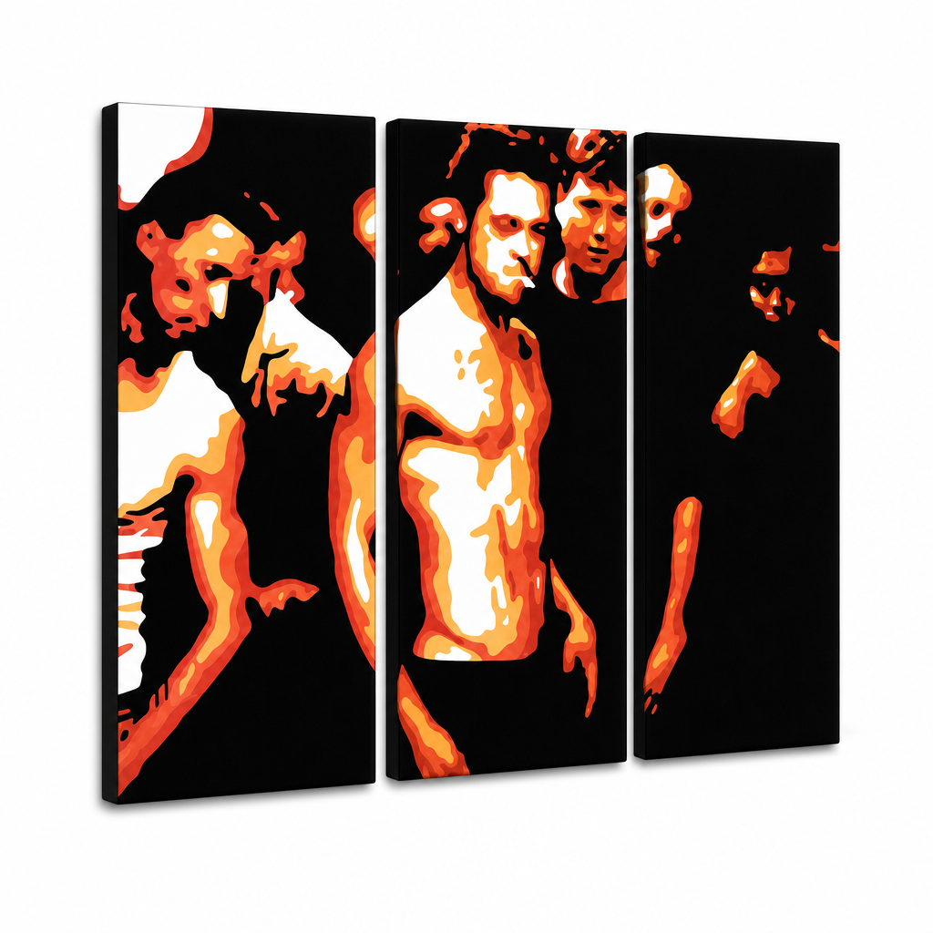 Ručně malovaný obraz POP Art Fight Club 3 díly FC2 – 3D vizualizace ručně malovaného plátna na bílém pozadí. Dominantní barvy: černá, oranžová, bílá.