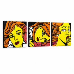 Ručně malovaný obraz POP Art LICHTENSTEIN 3 díly li7 – 3D vizualizace ručně malovaného plátna na bílém pozadí. Dominantní barvy: žlutá, černá, oranžová.