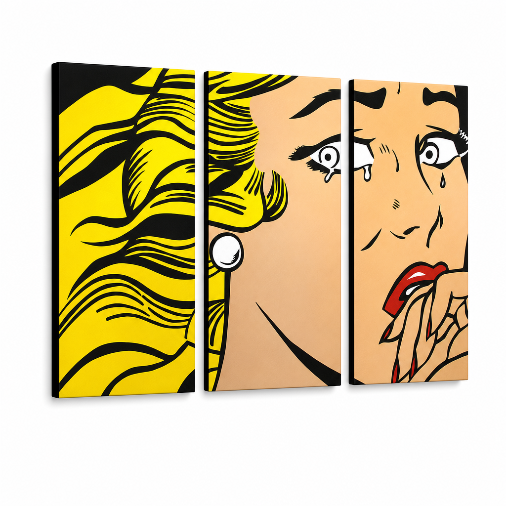 Ručně malovaný obraz na plátně zobrazuje plačící ženu v pop-art stylu s výraznými žlutými vlasy a červenými rty, rozdělený do tří dílů, s viditelným dřevěným rámem Papilora.