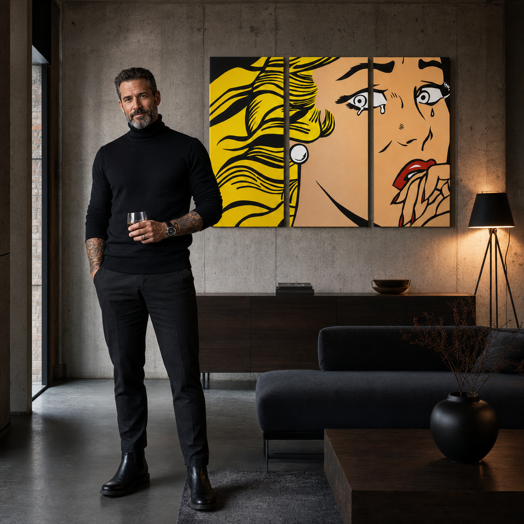 Obraz plačící ženy v pop-art stylu, s dominujícími žlutými a béžovými tóny, visí v moderním interiéru nad dřevěnou konzolí s vázou a svíčkou Papilora.