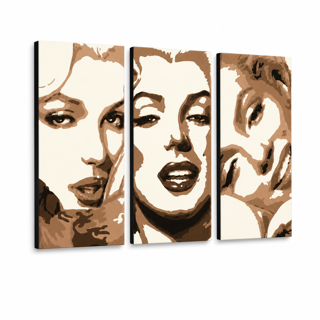 Tento ručně malovaný obraz na plátně zobrazuje ikonický portrét Marilyn Monroe v hnědých a krémových tónech, rozdělený do tří dílů, s viditelným dřevěným rámem Papilora.