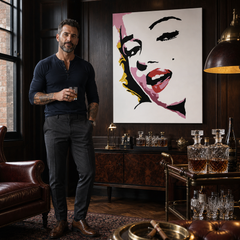 Obraz s portrétem Marilyn Monroe v pop-art stylu, s červenými rty a růžovými a žlutými odstíny, visící v moderním stylovém interiéru nad dřevěnou konzolí s vázou a svíčkou Papilora.