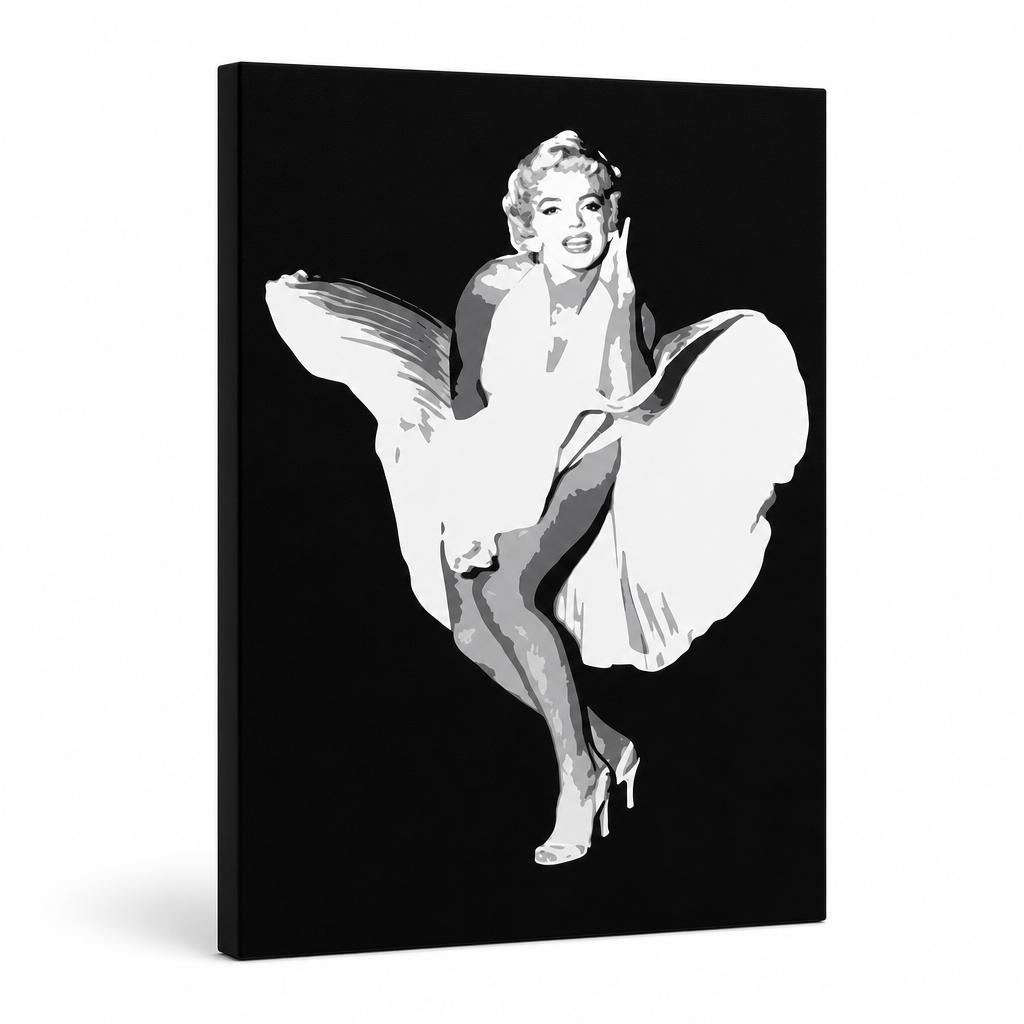 Ručně malované plátno zobrazuje ikonickou Marilyn Monroe v bílých šatech, které jí nadnáší vítr, na černém pozadí, s viditelným dřevěným rámem Papilora.