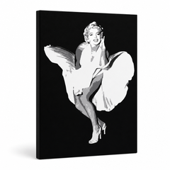 Ručně malované plátno zobrazuje ikonickou Marilyn Monroe v bílých šatech, které jí nadnáší vítr, na černém pozadí, s viditelným dřevěným rámem Papilora.