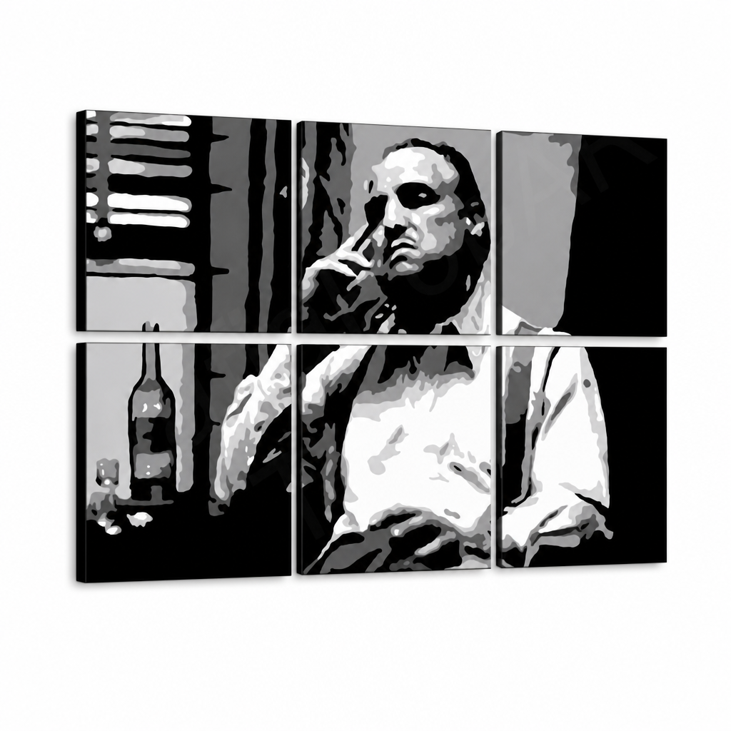 Černobílý obraz muže s lahví a sklenicí, rozdělený do šesti dílů na plátně s viditelným dřevěným rámem, Papilora.
