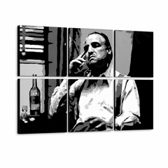 Černobílý obraz muže s lahví a sklenicí, rozdělený do šesti dílů na plátně s viditelným dřevěným rámem, Papilora.