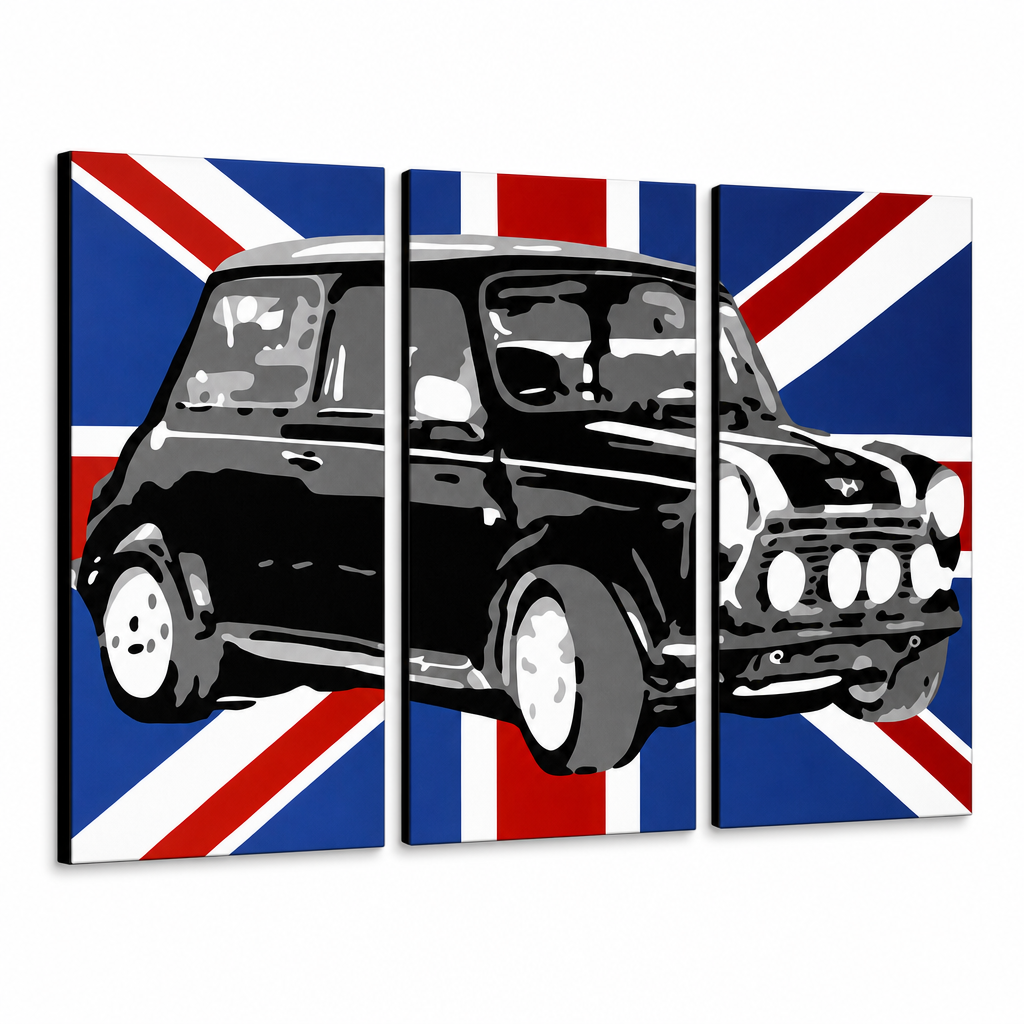 Ručně malované plátno zobrazuje ikonické černé auto Mini Cooper na pozadí britské vlajky, rozdělené do tří dílů, s viditelným dřevěným rámem Papilora.