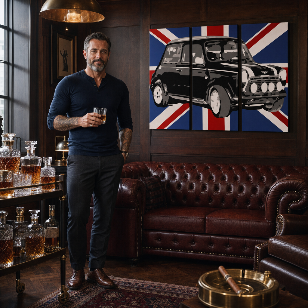 Umělecké dílo s černým autem Mini Cooper na pozadí britské vlajky visí v moderním interiéru nad dřevěnou konzolí s vázou a svíčkou Papilora.