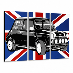 Ručně malované plátno zobrazuje ikonické černé auto Mini Cooper na pozadí britské vlajky, rozdělené do tří dílů, s viditelným dřevěným rámem Papilora.