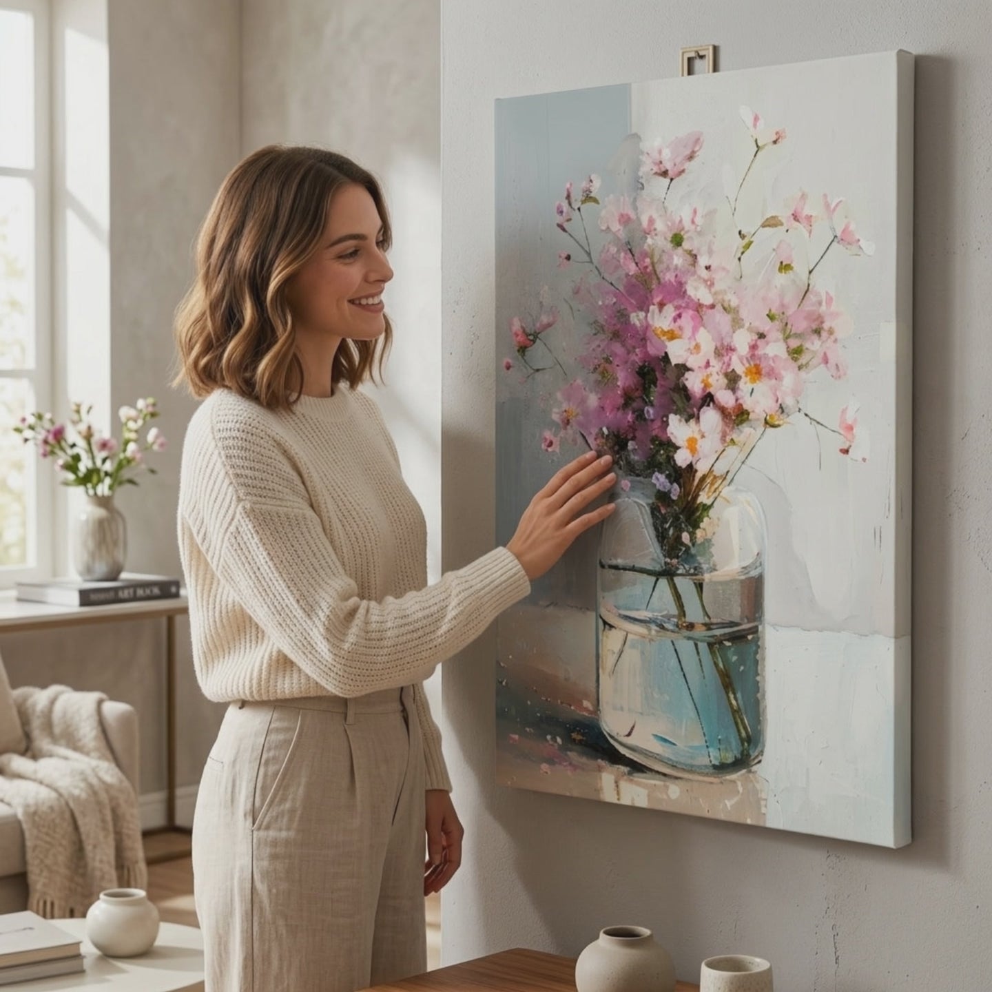 Designový obraz na plátně Jemná elegance. Moderní dekorace na stěnu, obraz na plátně do obývacího pokoje, žena si prohlíží dílo ve stylovém světlém interiéru. Papilora (XOBMDFL005E1).