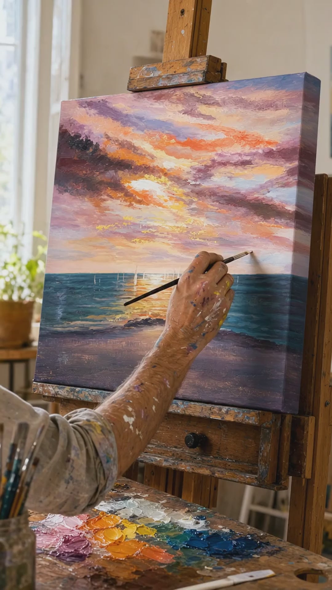 Malovaný obraz na stěnu ZÁPAD SLUNCE 1-dílný 70x60 cm. Ručně malovaný originál na plátně, autentická dekorace do interiéru, žena si prohlíží dílo ve stylovém světlém interiéru. Papilora — Crafted for Home (CFAZH6434E1).