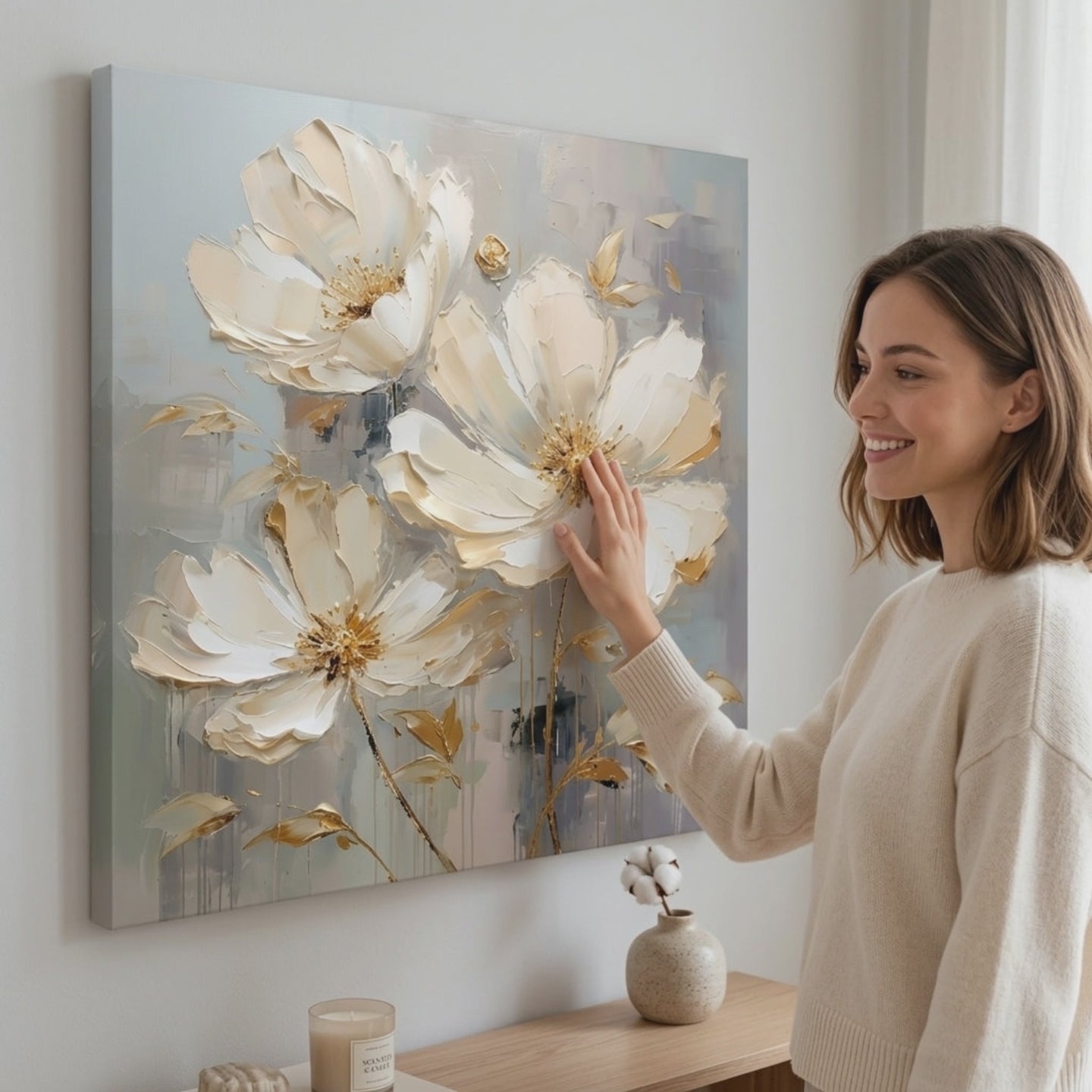 Žena si prohlíží obraz Květinový svět na plátně Potěšení pro vaše smysly 60x60 cm na stěně ve stylovém světlém interiéru | Papilora (SKU XOBMDFL022E1)