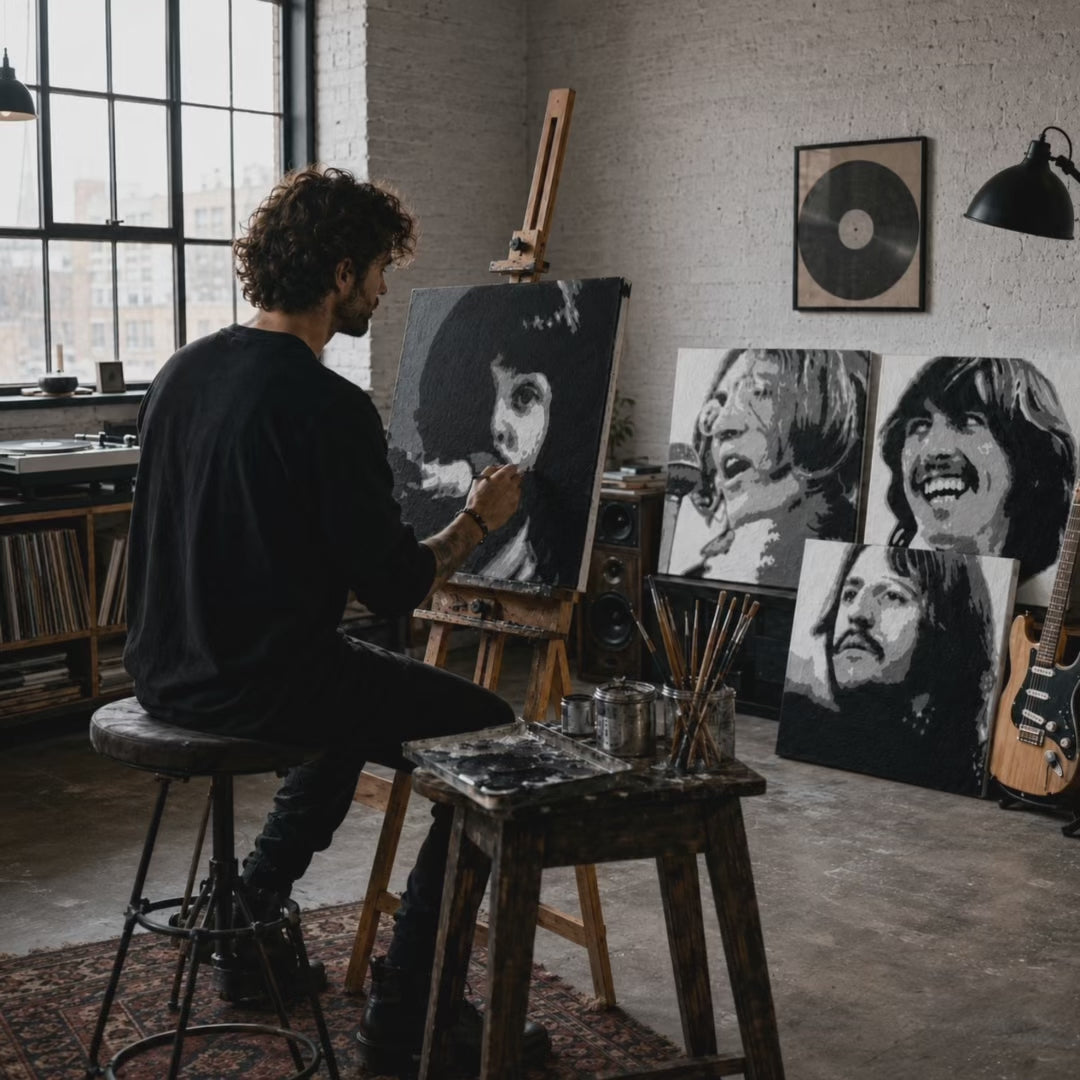 Ručně malovaný obraz POP Art Ian Brown, 3 díly ib2 – video ukázka ručně malovaného procesu. Dominantní barvy: černá, bílá, šedá.