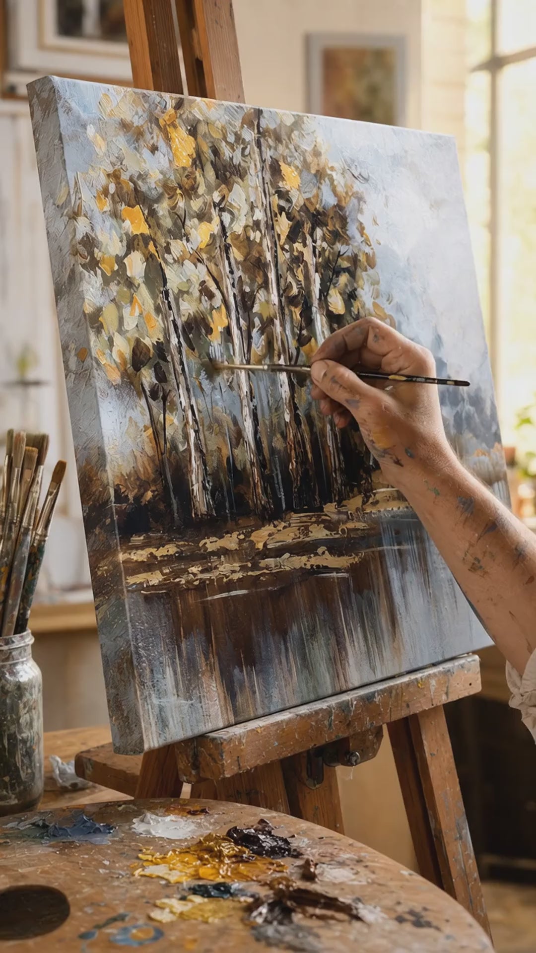 Malovaný obraz na stěnu STROMY 1 díl - 60x60 cm. Ručně malovaný originál na plátně, autentická dekorace do interiéru, žena si prohlíží dílo ve stylovém světlém interiéru. Papilora — Crafted for Home (CFAZH5236E1).