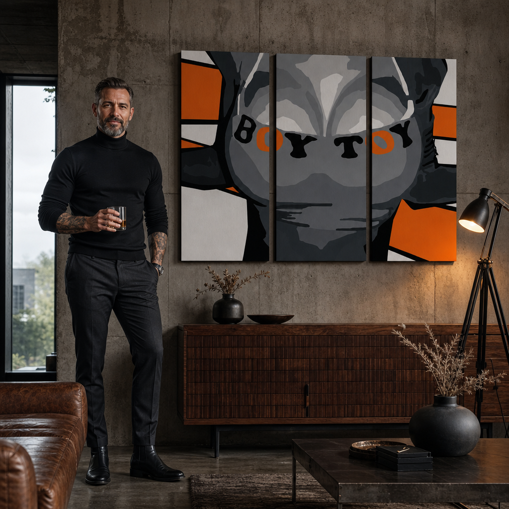 Ručně malovaná hračka pro chlapce, 3 dílná, POP Art – obraz v moderním mužském interiéru, lifestyle vizualizace. Dominantní barvy: černá, oranžová, šedá.