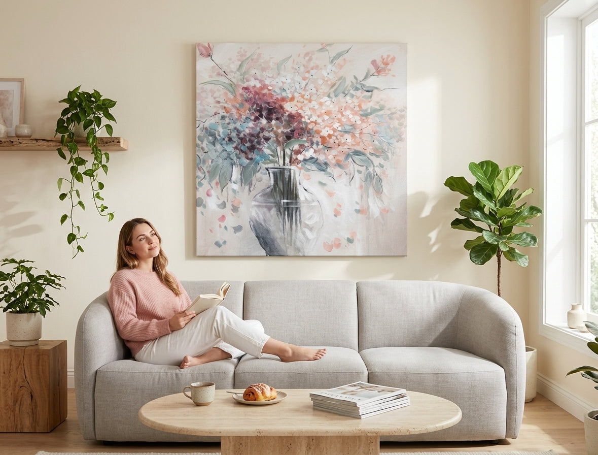 Elegantní ručně malovaný obraz KVĚTY 80x80 cm zavěšený v moderním obývacím pokoji, oživující interiér svěžími barvami.