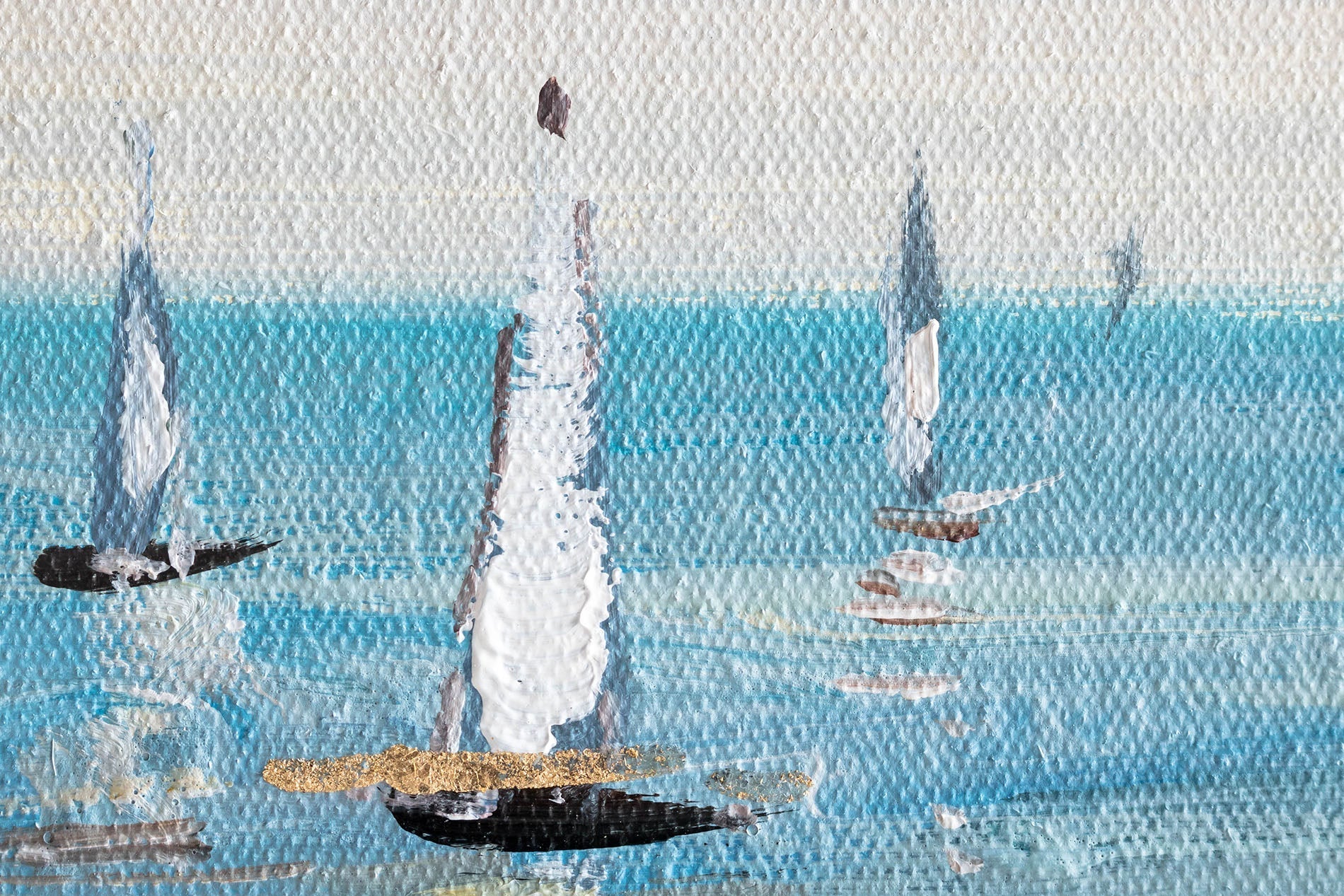 Malý náhled ručně malovaného obrazu s motivem lodí, 70x70 cm. Abstraktní styl v modrých, bílých a šedých tónech.