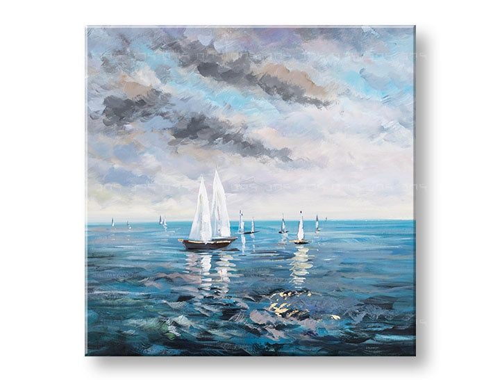 Druhý náhled ručně malovaného obrazu lodí, 70x70 cm. Moderní umění na plátně s převahou modré, bílé a šedé barvy.