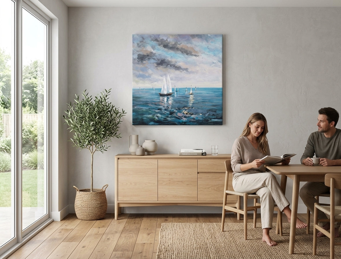 Ručně malovaný obraz s motivem lodí, 70x70 cm, zavěšený v moderním obývacím pokoji. Modré, bílé a šedé tóny plátna doplňují interiér.