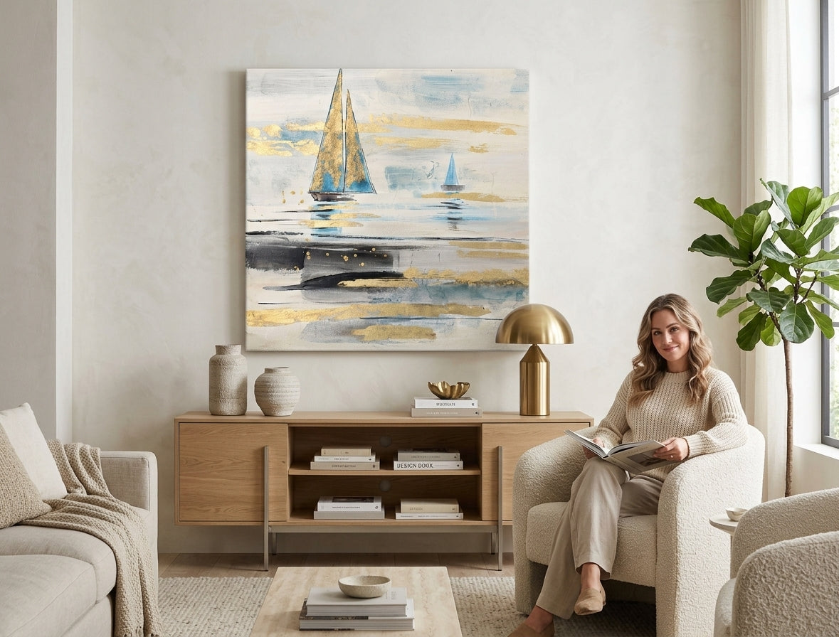 Ručně malovaný obraz LODĚ 80x80 cm v moderním obývacím pokoji. Obraz s bílými, modrými a zlatými tóny krásně doplňuje interiér.