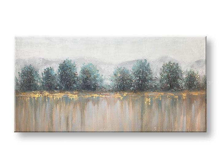 Malý náhled ručně malovaného obrazu STROMY 140x70 cm na plátně. Bílo-modré odstíny, motiv hor a stromů, evokující klid a přírodní krásu.