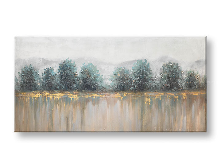 Ručně malovaný obraz Papilora STROMY 140x70 cm na plátně, 3D perspektiva. Bílo-modré odstíny, hory a stromy, klidná přírodní atmosféra.