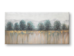 Ručně malovaný obraz Papilora STROMY 140x70 cm na plátně, 3D perspektiva. Bílo-modré odstíny, hory a stromy, klidná přírodní atmosféra.