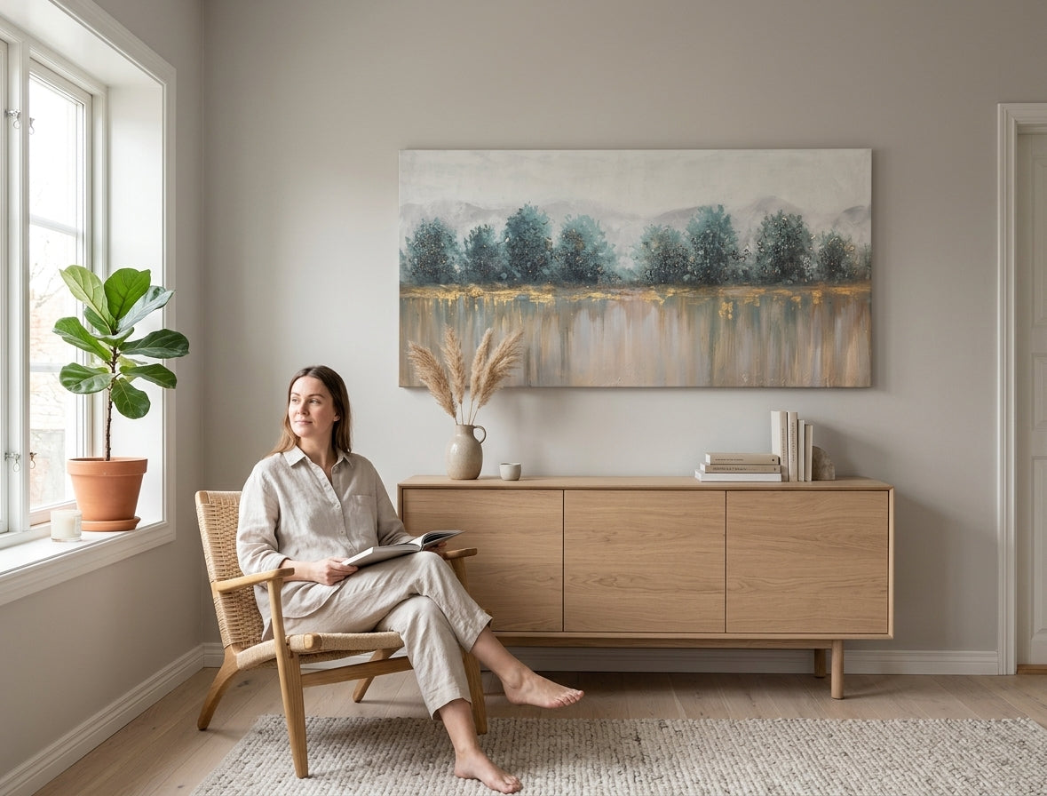 Ručně malovaný obraz STROMY 140x70 cm na plátně, zavěšený v moderním obývacím pokoji. Bílo-modré tóny, hory a stromy, evokuje klid a přírodu.