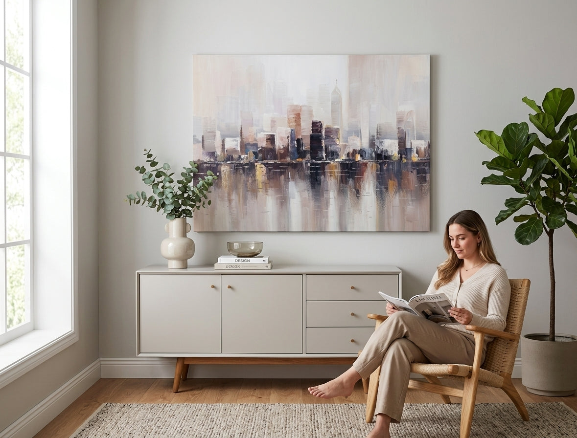 Elegantní ručně malovaný obraz VELKOMĚSTO 120x90 cm v moderním obývacím pokoji, který harmonicky doplňuje interiér s béžovými a hnědými tóny.