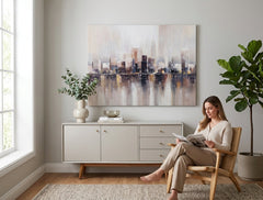 Elegantní ručně malovaný obraz VELKOMĚSTO 120x90 cm v moderním obývacím pokoji, který harmonicky doplňuje interiér s béžovými a hnědými tóny.