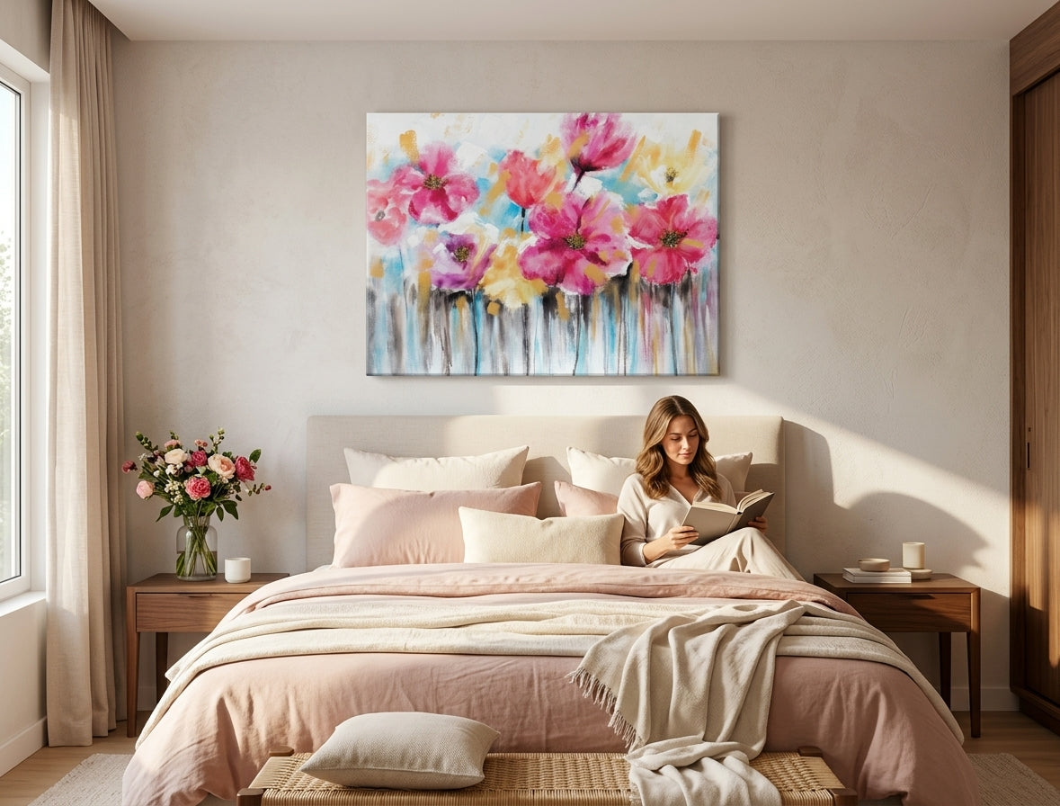 Velký abstraktní obraz s motivem květin v jemných barvách, ideální pro obývací pokoj nebo ložnici, přinášející klid a harmonii.