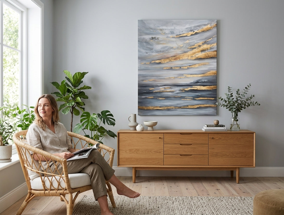 Ručně malovaný obraz Obloha 90x110 cm v moderním interiéru – šedé a zlaté tóny, ideální do obývacího pokoje.