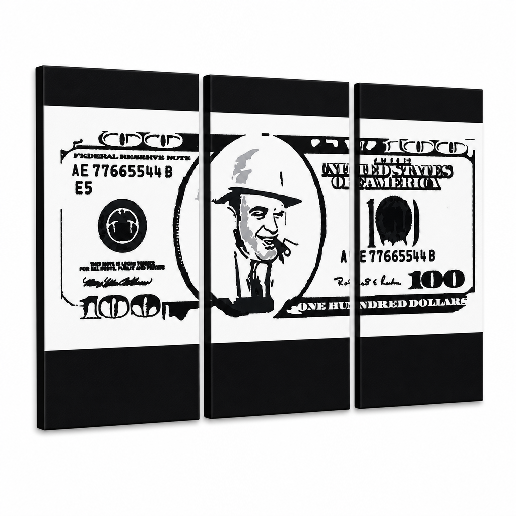 Ručně malovaný obraz POP Art AL CAPONE 3 díly – 3D vizualizace ručně malovaného plátna na bílém pozadí. Dominantní barvy: černá, bílá, šedá.