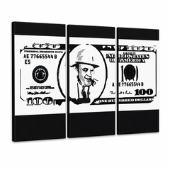Ručně malovaný obraz POP Art AL CAPONE 3 díly – 3D vizualizace ručně malovaného plátna na bílém pozadí. Dominantní barvy: černá, bílá, šedá.