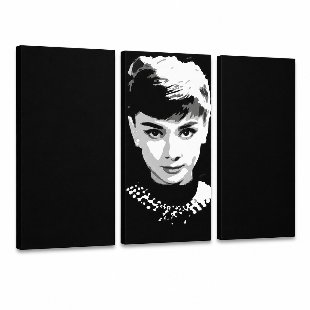 Ručně malovaný obraz na plátně zobrazuje černobílý portrét Audrey Hepburn s viditelným dřevěným rámem, Papilora.