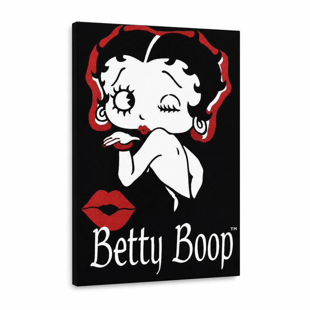 Ručně malovaný obraz POP Art Betty Boop 1 kus bb – 3D vizualizace ručně malovaného plátna na bílém pozadí. Dominantní barvy: černá, červená, bílá.