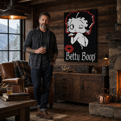 Ručně malovaný obraz POP Art Betty Boop 1 kus bb – obraz v moderním mužském interiéru, lifestyle vizualizace. Dominantní barvy: černá, červená, bílá.