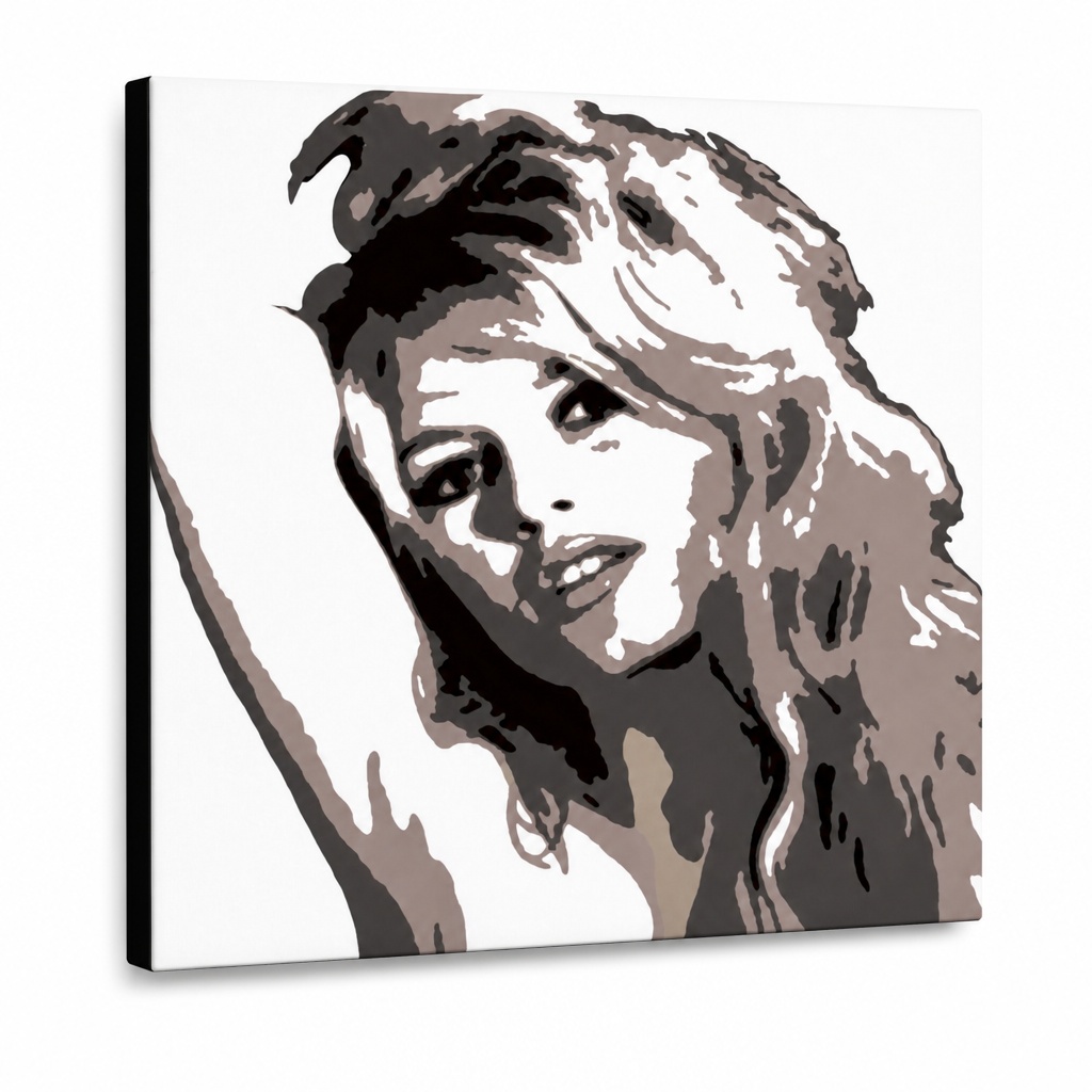 Ručně malovaný obraz POP Art Brigitte Bardot 1 kus bar – 3D vizualizace ručně malovaného plátna na bílém pozadí. Dominantní barvy: černá, hnědá, béžová.