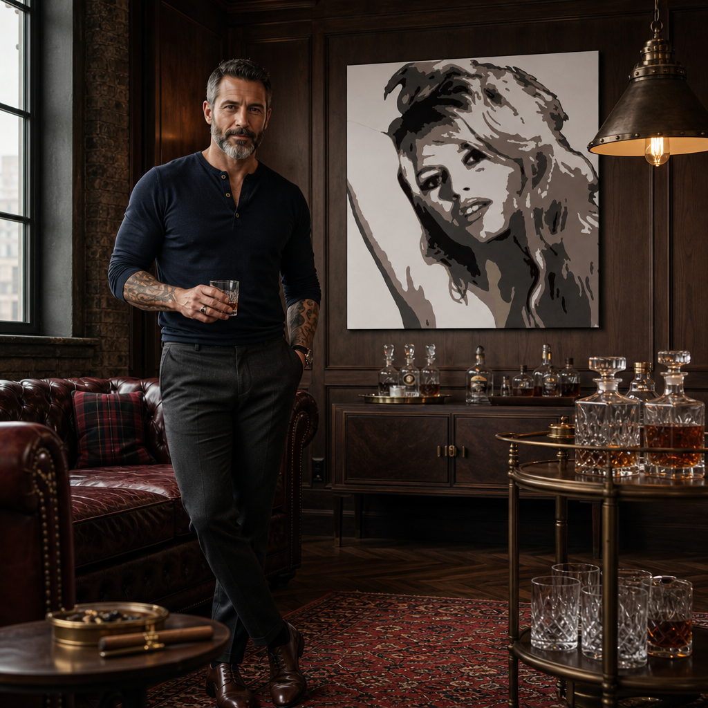 Ručně malovaný obraz POP Art Brigitte Bardot 1 kus bar – obraz v moderním mužském interiéru, lifestyle vizualizace. Dominantní barvy: černá, hnědá, béžová.