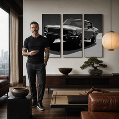 Umělecké dílo s motivem černobílého automobilu visí v moderním interiéru nad dřevěnou konzolí s vázou a svíčkou Papilora.
