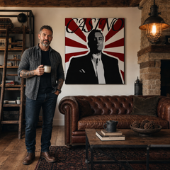 Obraz s motivem filmového plakátu Casino, zobrazujícího muže v obleku na červeno-bílém pozadí, visí v moderním interiéru nad dřevěnou konzolí s vázou a svíčkou, Papilora.