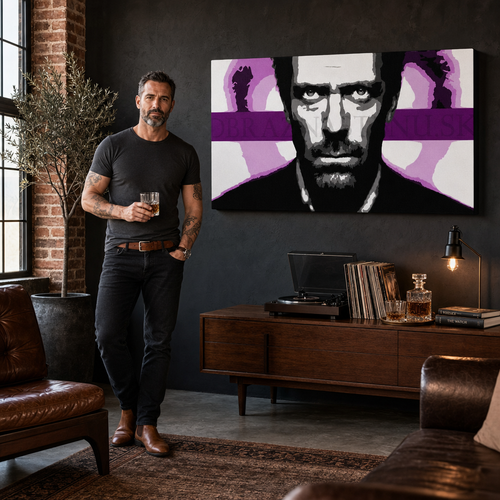 Obraz s portrétem Dr. House v moderním interiéru nad dřevěnou konzolí s vázou a svíčkou, Papilora.