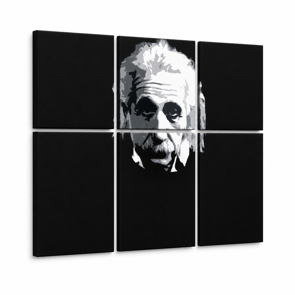 Ručně malované plátno s portrétem Alberta Einsteina v černobílých tónech, rozdělené do šesti dílů, s viditelným dřevěným rámem, Papilora.