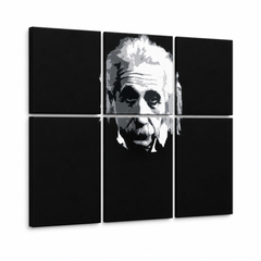 Ručně malované plátno s portrétem Alberta Einsteina v černobílých tónech, rozdělené do šesti dílů, s viditelným dřevěným rámem, Papilora.