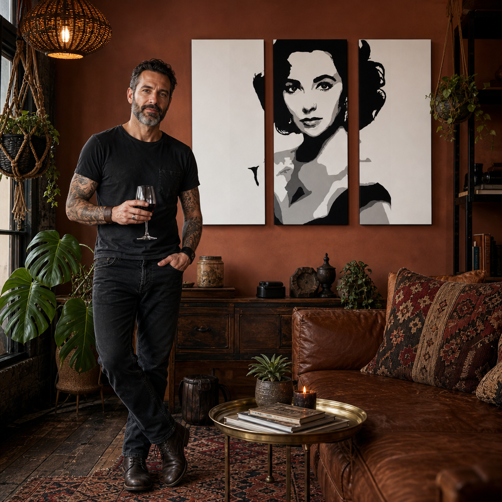 Černobílý portrét Elizabeth Taylor visí v moderním interiéru nad dřevěnou konzolí s vázou a svíčkou Papilora.