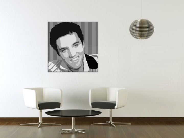 Pop art obraz s motivem Elvis Presley, příroda v bílo-šedých odstínech | Ručně malovaný POP Art obraz Elvis Presley, rock and roll a sláva – náhled