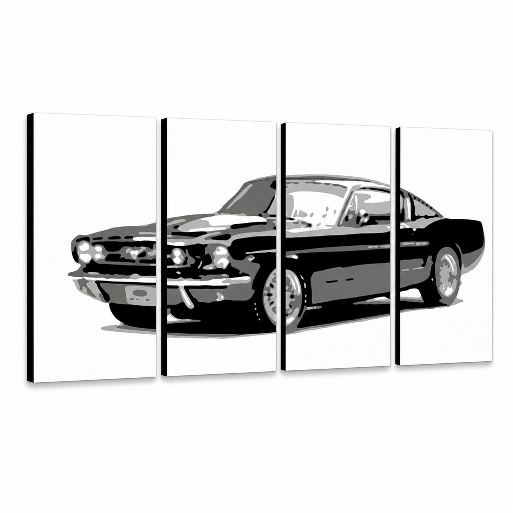 Ručně malované plátno s černobílým vyobrazením klasického automobilu Mustang, rozdělené do čtyř dílů, s viditelným dřevěným rámem Papilora.