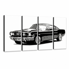 Ručně malované plátno s černobílým vyobrazením klasického automobilu Mustang, rozdělené do čtyř dílů, s viditelným dřevěným rámem Papilora.
